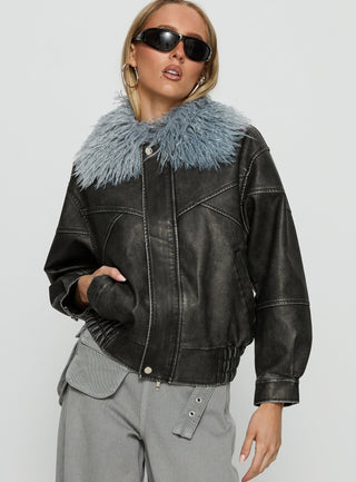 Brittanni Fluffy Collar Jacket Black  Blue