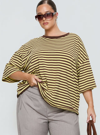 Settle Down Short Sleeve Top Yellow  Brown Stripe Curve