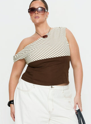 Past Life One Shoulder Top Brown  Stripe Curve