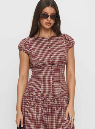 Alixandra Puff Sleeve Blouse Top Red Check