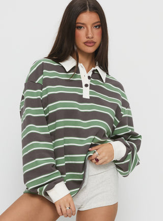 Tycen Polo Rugby Jumper Green  Grey Stripe