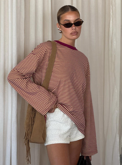 Settle Down Long Sleeve Top Lemon  Burgundy Stripe