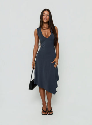 Louisia V Neck Hanky Hem Midi Dress Charcoal