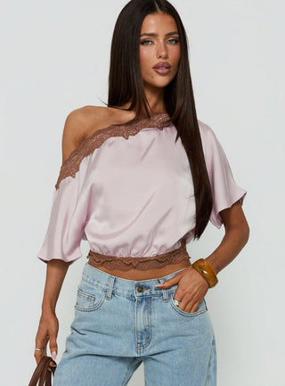 Full Send Off Shoulder Lace Trim Top Pink / Brown