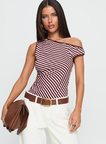 Ayviana One Shoulder Bodysuit Pink  Brown Stripe