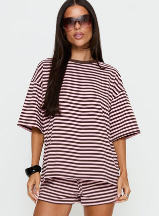 Settle Down Short Sleeve Top Pink  Brown Stripe