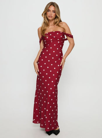 End Credits Off Shoulder Pleat Maxi Dress Red  Polka Dot