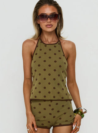 Speranza High Neck Halter Top Green Polka Dot