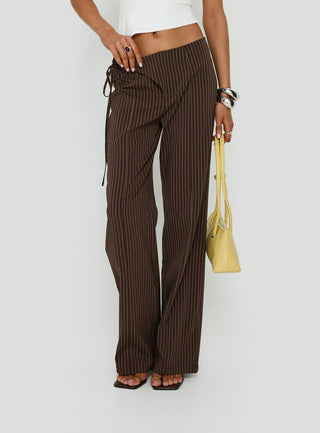 Editta Tie Detail Low Rise Tailored Pants Brown Pinstripe