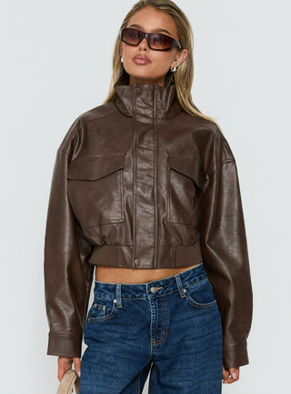 Ace Player Funnel Neck Faux Leather Jacket Brown Petite
