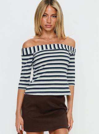 Shaylla Off Shoulder 34 Sleeve Top Blue Stripe