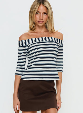 Shaylla Off Shoulder 34 Sleeve Top Blue Stripe