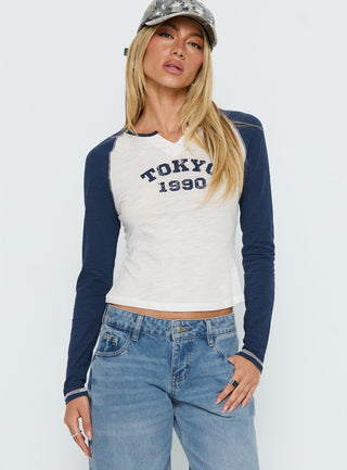 Tokyo 1990 Long Sleeve Raglan Graphic Top White  Blue
