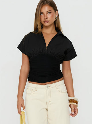 Chalia Ruched Collared Top Black