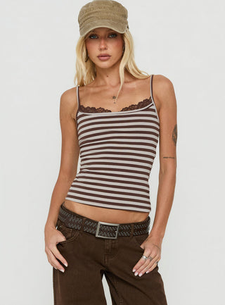 Spring To Summer Lace Trim Top Grey / Brown Stripe