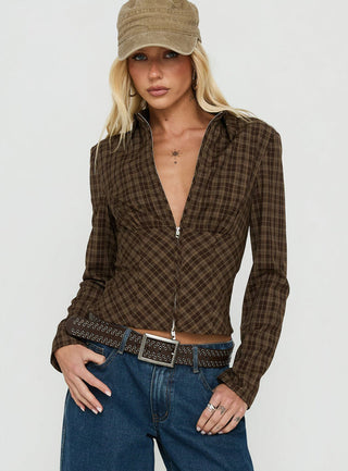 Kinori Long Sleeve Zip Down Top Brown Check