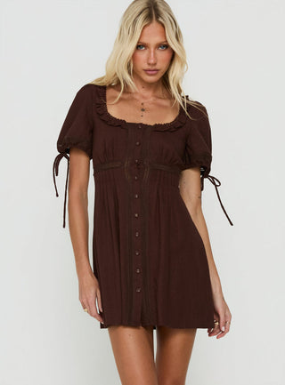 Indianah Pleat Lace Panel Mini Dress Chocolate