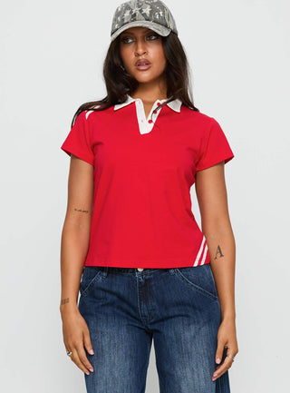 Learn Your Lesson Contrast Collared Top Red  White