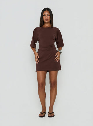 Enzia Raglan Lace Up Mini Dress Brown