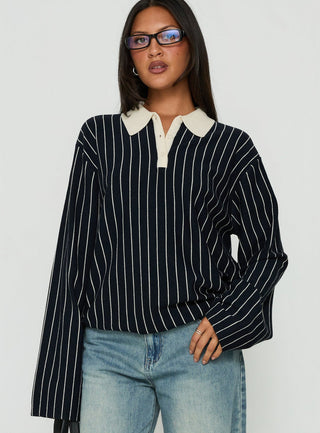 Boarders V Neck Polo Jumper Navy Stripe