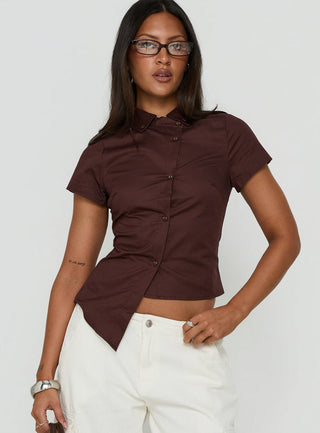 Naomee Asymmetrical Collared Short Sleeve Top Chocolate