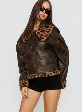 Brandyn Faux Fur Trim Jacket Brown  Leopard
