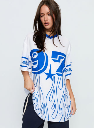 97 Sportstar Oversized Jersey Graphic Top White  Blue