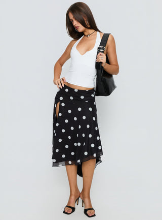 Dulciana High Split Asymmetrical Midi Skirt Black  Polka Dot