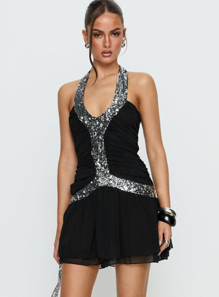 Aisleigh Sequin Halter Mini Dress Black  Silver