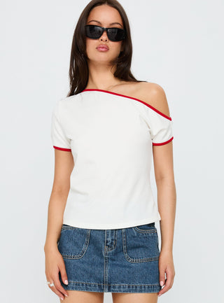 Kelsa Off Shoulder Contrast Trim Top White  Red