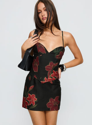 Julisa Corset Mini Dress Red  Black Floral