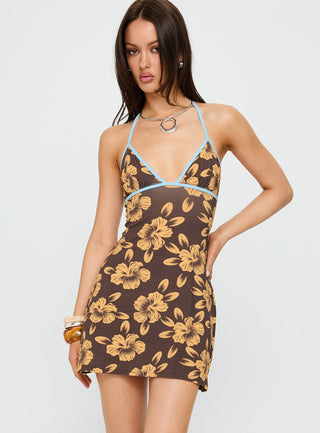 Mishie Halter Mini Dress Brown  Blue Floral