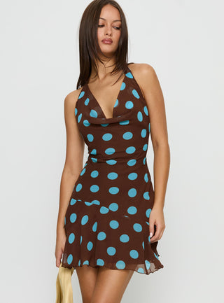 Karolie Halter Plunge Mini Dress Brown  Blue Polka Dot