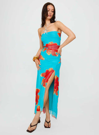 Katara Strapless Maxi Dress Blue  Orange Floral
