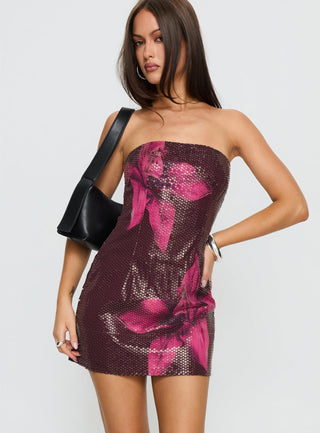Desiri Strapless Sequin Mini Dress Brown  Pink Floral