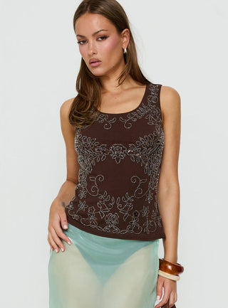 Spend The Night Embroidered Tank Top Chocolate Brown
