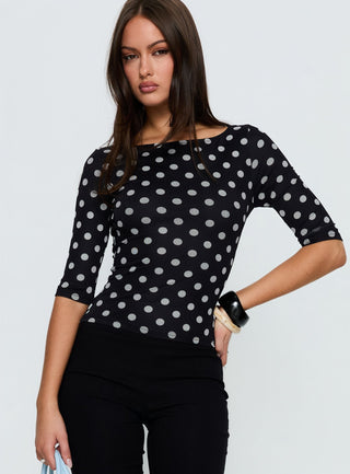 Venna 34 Sleeve Boat Neck Top Black  White Polka