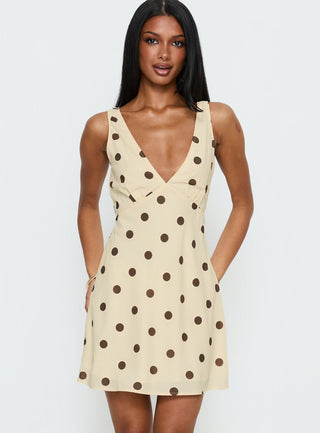 Nellie Mini Dress Lemon  Brown Polka Dot