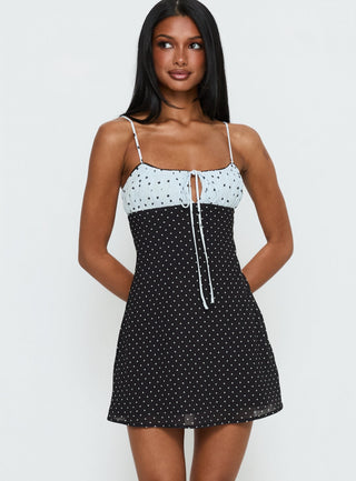Rylann Contrast Tie Detail Mini Dress Navy  Blue Polka