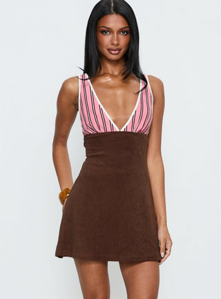 Aydenn Contrast Plunge Mini Dress Pink  Brown