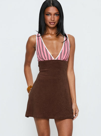 Aydenn Contrast Plunge Mini Dress Pink  Brown
