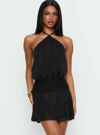 Rozario Chiffon Halter Mini Dress Black  Silver