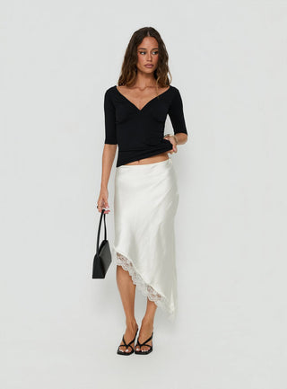 Koletta Asymmetrical Lace Trim Satin Midi Skirt Ivory