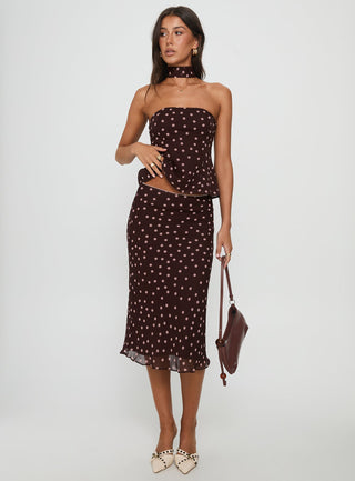 Sydni Midi Bias Cut Skirt Chocolate  Pink Polka