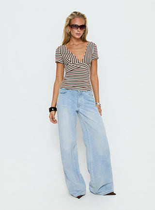 Madelon Short Sleeve Wrap Top Brown  Blue Stripe