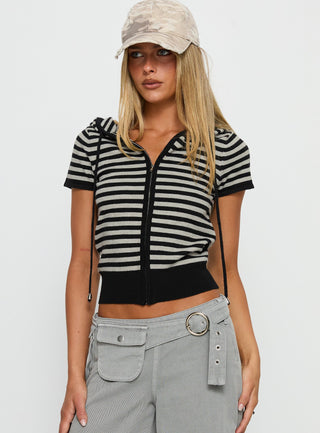 Kahlee Zip Through Hoodie Grey  Black Stripe