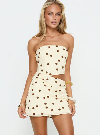 Jasira Strapless Drape Mini Dress Cream  Brown Polka Dot