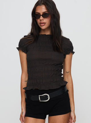 Romelle Shirred Top Black  Brown Plaid Petite