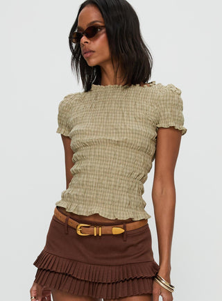 Romelle Shirred Top Green  Brown Plaid