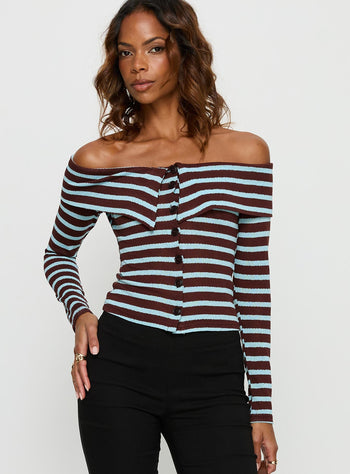 Raelena Off Shoulder Long Sleeve Top Blue  Brown Stripe
